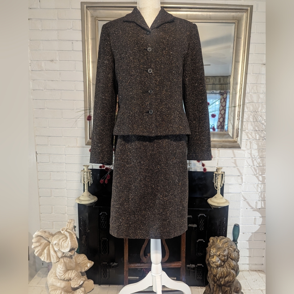 Vintage Apostrophe Wool Silk Tweed Skirt Suit Set Brown Speckled Blazer 12